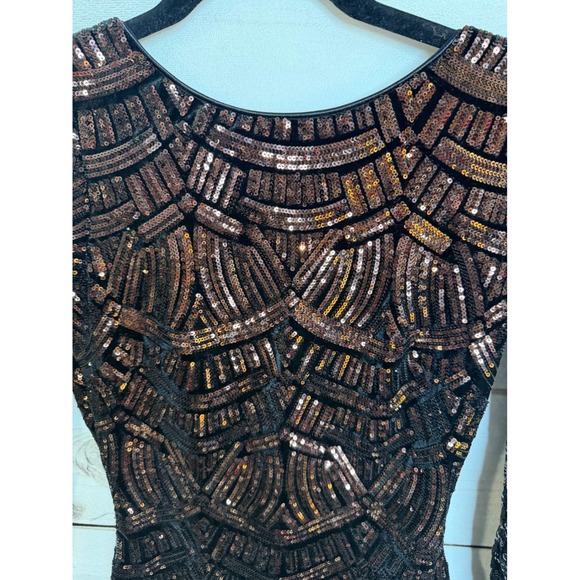 Dress the Population Emery Sequin Midi Dress Bronze Black Art Deco Long Sleeve S - Picture 3 of 6